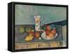 Still life with milk jug and fruit on a table. Ca. 1890-Paul Cézanne-Framed Stretched Canvas