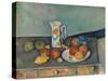 Still life with milk jug and fruit on a table. Ca. 1890-Paul Cézanne-Stretched Canvas