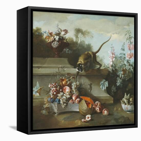 Still Life with Monkey, Fruits, and Flowers, 1724-Jean-Baptiste Oudry-Framed Stretched Canvas