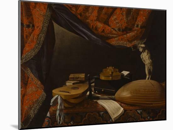Still Life with Musical Instruments, Books and Sculpture, C. 1650-Evaristo Baschenis-Mounted Giclee Print