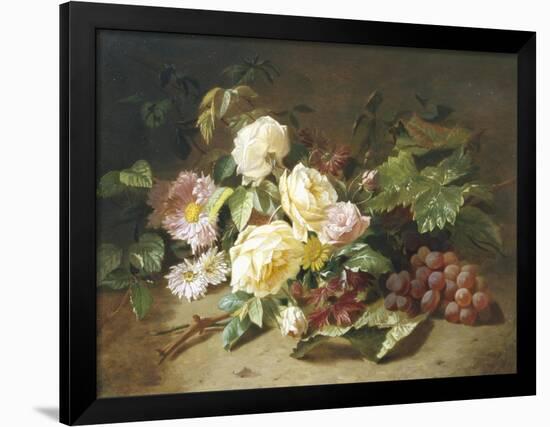 Still Life with of Summer Flowers and Grapes-Henri Robbe-Framed Giclee Print