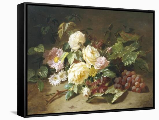 Still Life with of Summer Flowers and Grapes-Henri Robbe-Framed Stretched Canvas