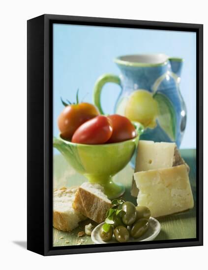 Still Life with Olives, Tomatoes, Cheese and White Bread-null-Framed Stretched Canvas