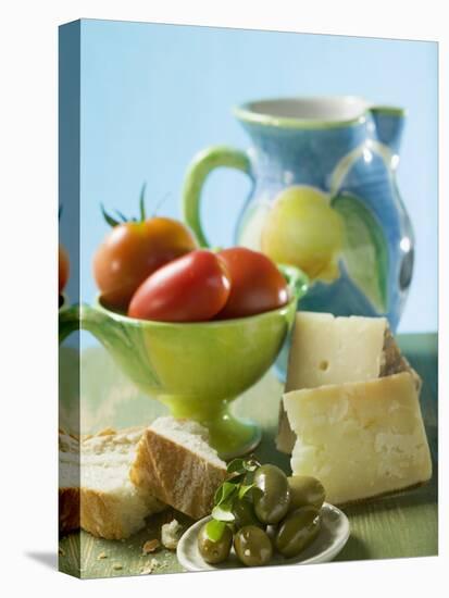 Still Life with Olives, Tomatoes, Cheese and White Bread-null-Stretched Canvas