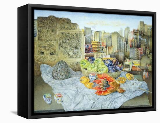 Still Life with Papaya and Cityscape, 2000-James Reeve-Framed Stretched Canvas