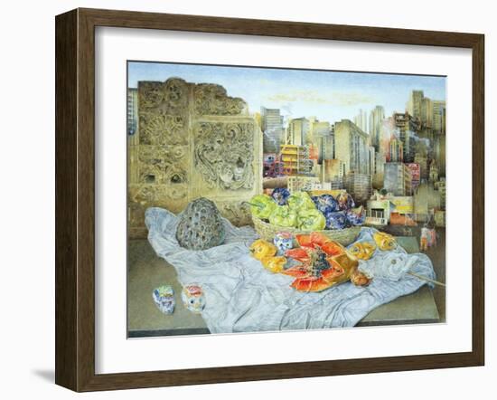 Still Life with Papaya and Cityscape, 2000-James Reeve-Framed Giclee Print