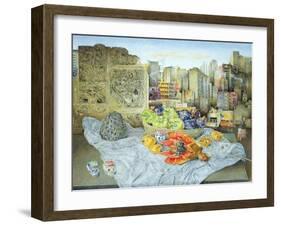 Still Life with Papaya and Cityscape, 2000-James Reeve-Framed Giclee Print