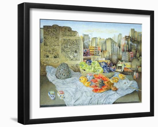 Still Life with Papaya and Cityscape, 2000-James Reeve-Framed Giclee Print
