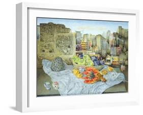 Still Life with Papaya and Cityscape, 2000-James Reeve-Framed Giclee Print