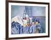 Still-Life with Peaches and Bottles-Paul Cézanne-Framed Giclee Print