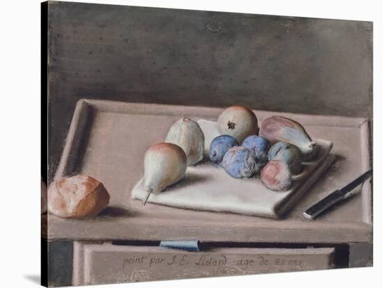 Still Life with Pears, Figs, Prunes, Bread Roll and Knife on Table, 1782-Jean-Etienne Liotard-Stretched Canvas