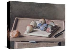 Still Life with Pears, Figs, Prunes, Bread Roll and Knife on Table, 1782-Jean-Etienne Liotard-Stretched Canvas