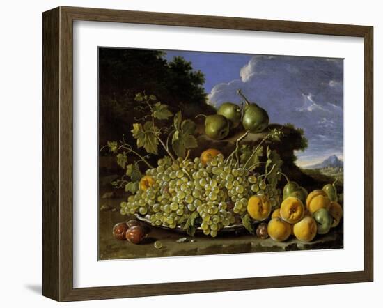 Still Life With Plate Of Grapes, Peaches, Pears And Plums In A Landscape, c.1771-Luis Egidio Melendez-Framed Giclee Print