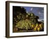 Still Life With Plate Of Grapes, Peaches, Pears And Plums In A Landscape, c.1771-Luis Egidio Melendez-Framed Giclee Print