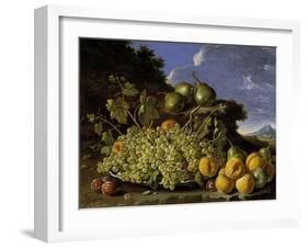 Still Life With Plate Of Grapes, Peaches, Pears And Plums In A Landscape, c.1771-Luis Egidio Melendez-Framed Giclee Print