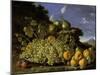 Still Life With Plate Of Grapes, Peaches, Pears And Plums In A Landscape, c.1771-Luis Egidio Melendez-Mounted Giclee Print
