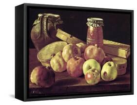 Still Life with Pomegranates, Apples, a Pot of Jam and a Stone Pot-Luis Egidio Melendez-Framed Stretched Canvas