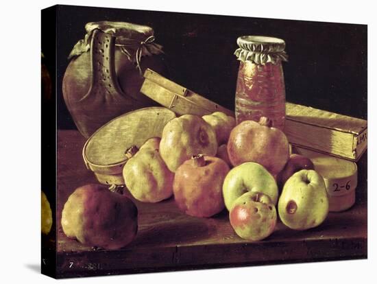Still Life with Pomegranates, Apples, a Pot of Jam and a Stone Pot-Luis Egidio Melendez-Stretched Canvas