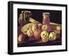 Still Life with Pomegranates, Apples, a Pot of Jam and a Stone Pot-Luis Egidio Melendez-Framed Giclee Print