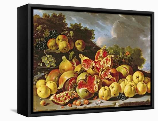 Still Life with Pomegranates, Apples, Cherries and Grapes-Melendez-Framed Stretched Canvas