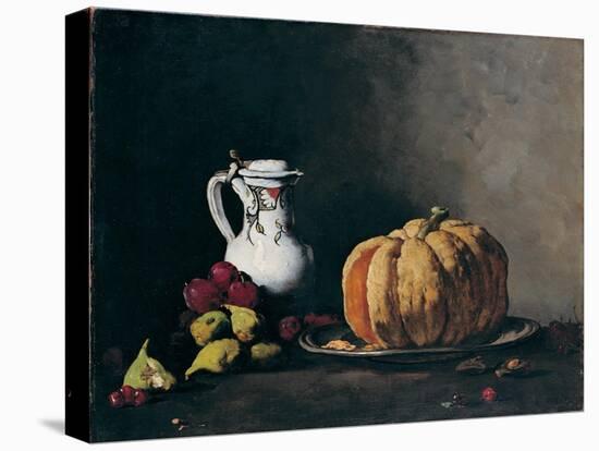 Still Life with Pumpkin, Plums, Cherries, Figs and Jug, Ca 1860-Théodule Augustin Ribot-Stretched Canvas