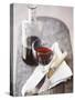Still Life with Red Wine Glass, Wine Carafe, Napkin and Cutlery-Jean Cazals-Stretched Canvas