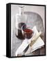 Still Life with Red Wine Glass, Wine Carafe, Napkin and Cutlery-Jean Cazals-Framed Stretched Canvas