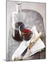 Still Life with Red Wine Glass, Wine Carafe, Napkin and Cutlery-Jean Cazals-Mounted Photographic Print