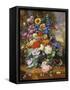 Still Life with Roses, Delphiniums, Poppies, and Marigolds on a Ledge-Albert Williams-Framed Stretched Canvas