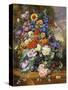 Still Life with Roses, Delphiniums, Poppies, and Marigolds on a Ledge-Albert Williams-Stretched Canvas