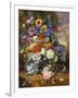 Still Life with Roses, Delphiniums, Poppies, and Marigolds on a Ledge-Albert Williams-Framed Giclee Print