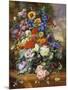 Still Life with Roses, Delphiniums, Poppies, and Marigolds on a Ledge-Albert Williams-Mounted Giclee Print