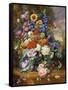 Still Life with Roses, Delphiniums, Poppies, and Marigolds on a Ledge-Albert Williams-Framed Stretched Canvas