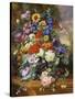 Still Life with Roses, Delphiniums, Poppies, and Marigolds on a Ledge-Albert Williams-Stretched Canvas