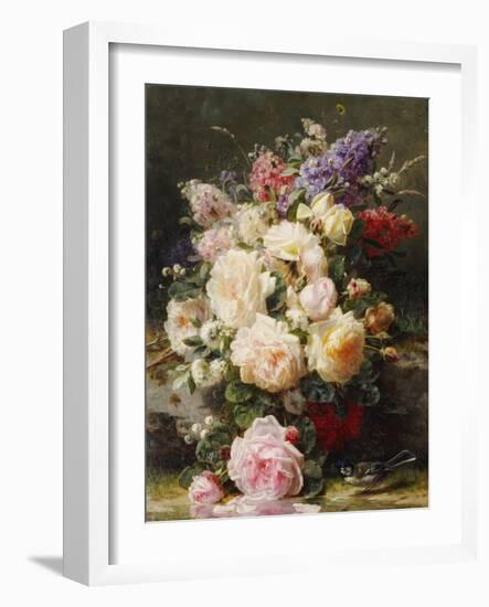 Still Life with Roses, Syringas and a Blue Tit on a Mossy Bank-Jean Baptiste Claude Robie-Framed Giclee Print