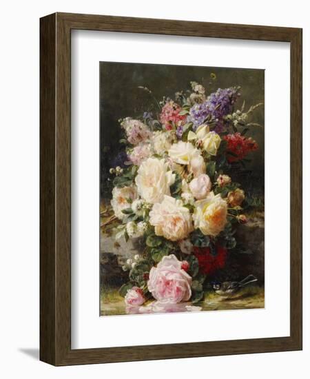 Still Life with Roses, Syringas and a Blue Tit on a Mossy Bank-Jean Baptiste Claude Robie-Framed Premium Giclee Print