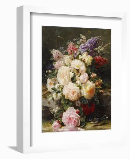 Still Life with Roses, Syringas and a Blue Tit on a Mossy Bank-Jean Baptiste Claude Robie-Framed Premium Giclee Print