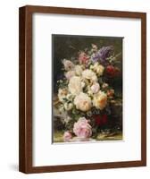 Still Life with Roses, Syringas and a Blue Tit on a Mossy Bank-Jean Baptiste Claude Robie-Framed Premium Giclee Print