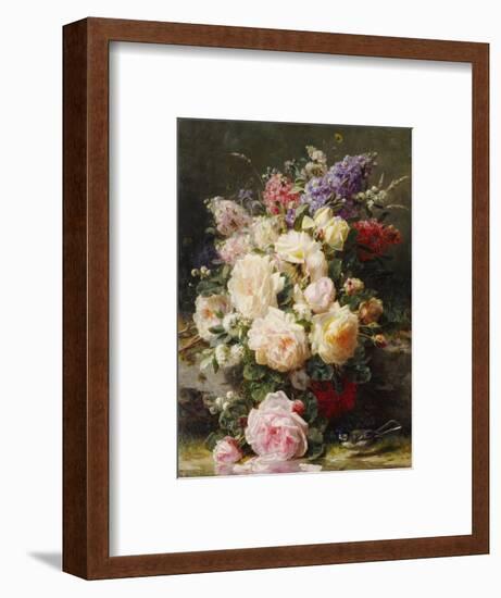 Still Life with Roses, Syringas and a Blue Tit on a Mossy Bank-Jean Baptiste Claude Robie-Framed Premium Giclee Print