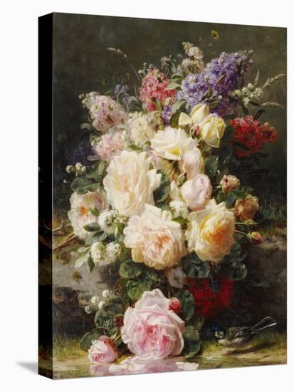 Still Life with Roses, Syringas and a Blue Tit on a Mossy Bank-Jean Baptiste Claude Robie-Stretched Canvas