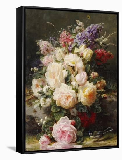 Still Life with Roses, Syringas and a Blue Tit on a Mossy Bank-Jean Baptiste Claude Robie-Framed Stretched Canvas