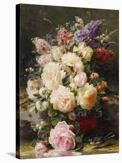 Still Life with Roses, Syringas and a Blue Tit on a Mossy Bank-Jean Baptiste Claude Robie-Stretched Canvas