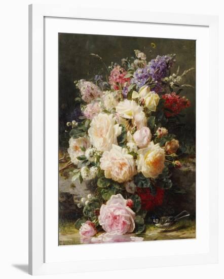 Still Life with Roses, Syringas and a Blue Tit on a Mossy Bank-Jean Baptiste Claude Robie-Framed Giclee Print