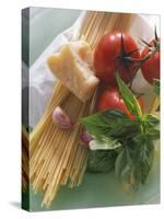 Still Life with Spaghetti, Tomatoes, Basil & Parmesan-null-Stretched Canvas