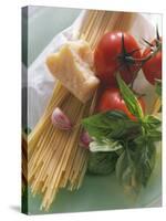 Still Life with Spaghetti, Tomatoes, Basil & Parmesan-null-Stretched Canvas