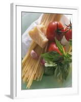 Still Life with Spaghetti, Tomatoes, Basil & Parmesan-null-Framed Photographic Print