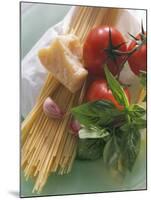 Still Life with Spaghetti, Tomatoes, Basil & Parmesan-null-Mounted Photographic Print