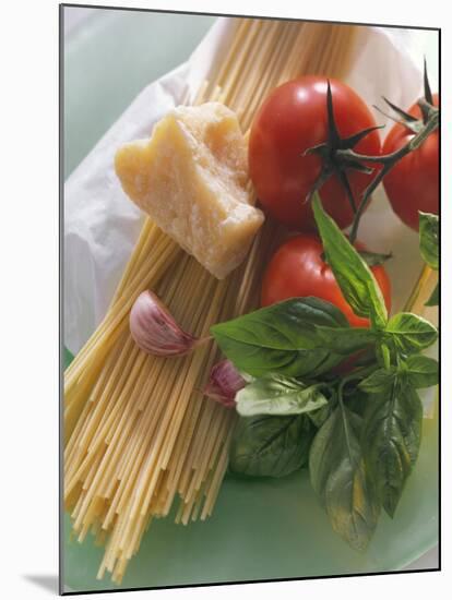 Still Life with Spaghetti, Tomatoes, Basil & Parmesan-null-Mounted Photographic Print