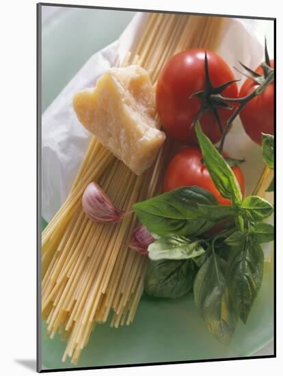 Still Life with Spaghetti, Tomatoes, Basil & Parmesan-null-Mounted Photographic Print