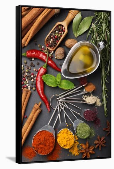 Still Life with Spices and Olive Oil-Andrii Gorulko-Framed Stretched Canvas